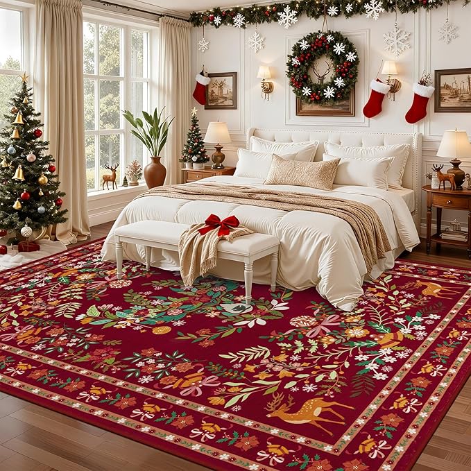 8x10 Area Rugs Living Room Rug: Christmas Washable Rug Floral Soft Carpet Indoor Floor Non-Slip Boho Stain Resistant Large Carpets for Bedroom Kids Nursery Dining Room Farmhouse Home Office Red