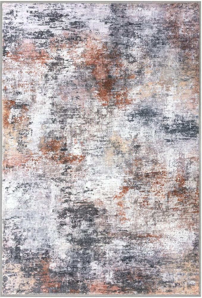 Modern Abstract Small Area Rug Indoor, Grey Orange Multi 3x5 Washable Rug Non-Slip Soft Entryway Rug Kitchen Mats Thin Print Faux Wool Floor Carpet Colorful Throw Rugs for Entrance Bedroom