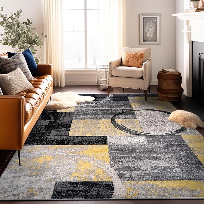 Rugshop Contemporary Circle Design Area Rug, Fade-Resistant Carpet for Bedroom, Dining Room, or Home Office, Yellow, 6'6" x 9'