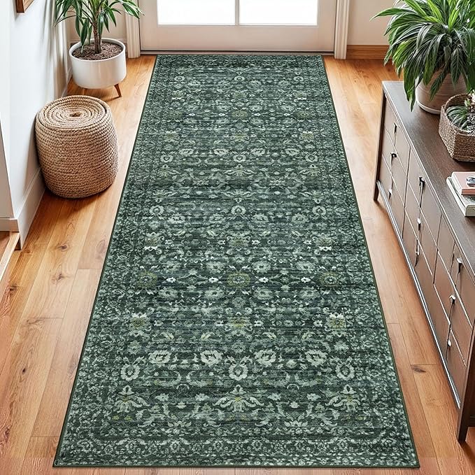 Vintage Floral 2.6x8 Runner Rug, Dark Green Washable Kitchen Runner Rug Non-Slip Hallway Rug Runner Boho Thin Printed Faux Wool Super Soft Carpet for Entryway Bedroom Laundry Room Indoor