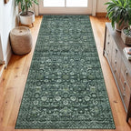 Vintage Floral 2.6x8 Runner Rug, Dark Green Washable Kitchen Runner Rug Non-Slip Hallway Rug Runner Boho Thin Printed Faux Wool Super Soft Carpet for Entryway Bedroom Laundry Room Indoor