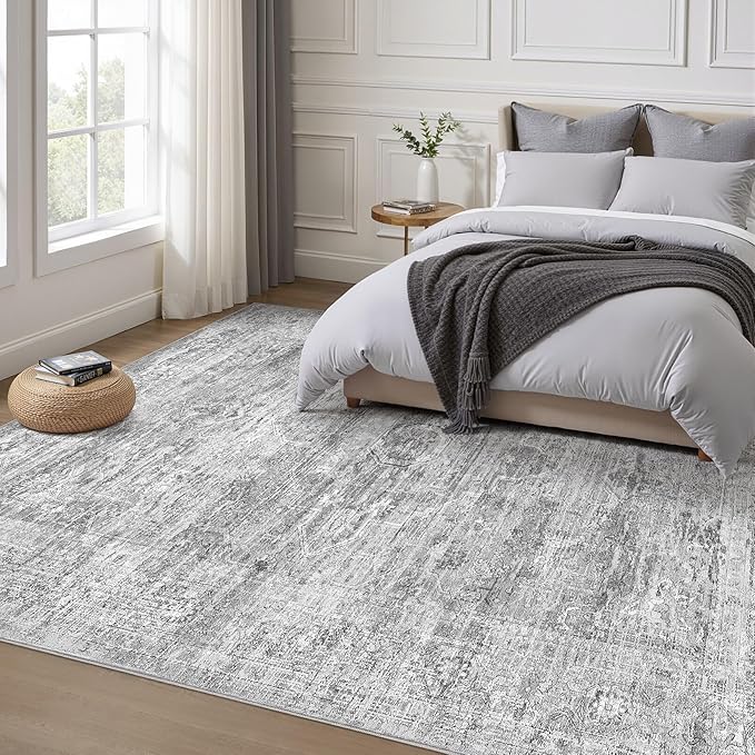 Grey Rug 9x12 Area Rug: Washable Boho Large Vintage Neutral Soft Rugs Stain Resistant Farmhouse Non-Slip Indoor Floor Carpet for Living Room Bedroom Playroom Office Dining Room Apartment Dorm
