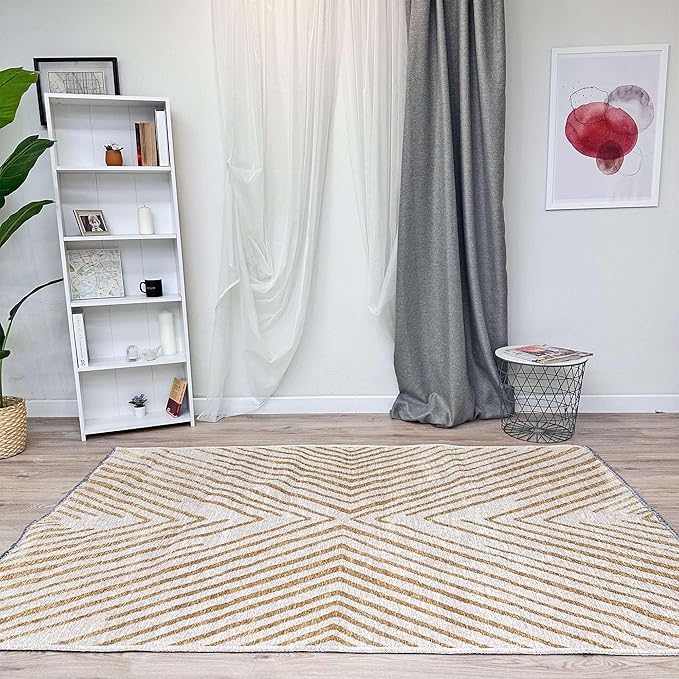 Alfa Rich 4x6 Geometric Gold Off White Washable Area Rugs for Living Room Bedroom Kitchen Cotton Rug