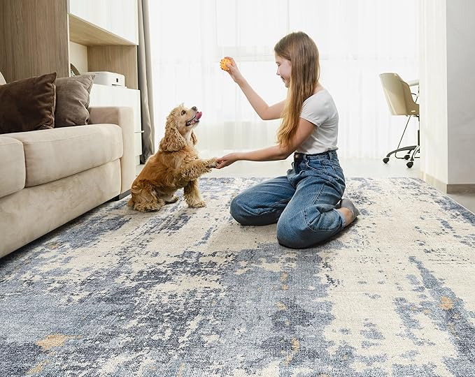 9x12 Area Rug Living Room Rugs - Washable Neutral Modern Abstract Soft Thin Rug Indoor Floor No Slip Rug Carpet for Bedroom Under Dining Table Home Office Decor - Blue/Light Brown