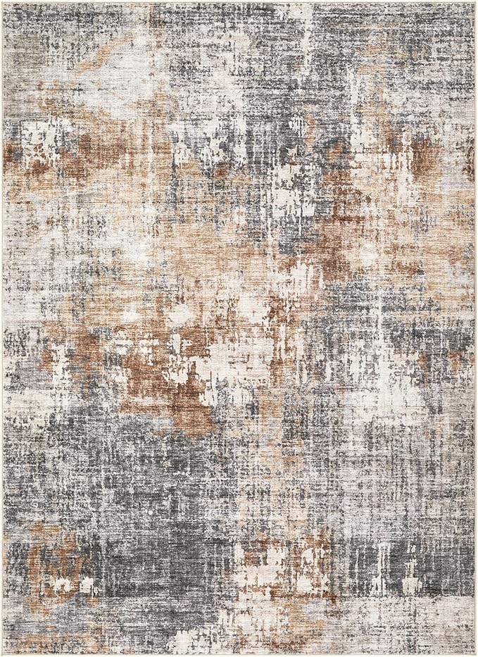 Washable Runner Rug for Hallway: 2x6 Neutral Modern Abstract Low Pile Area Rug with Non-Slip Backing - Carpet for Bedroom Kitchen Laundry Entryway Bathroom Indoor - Grey Brown