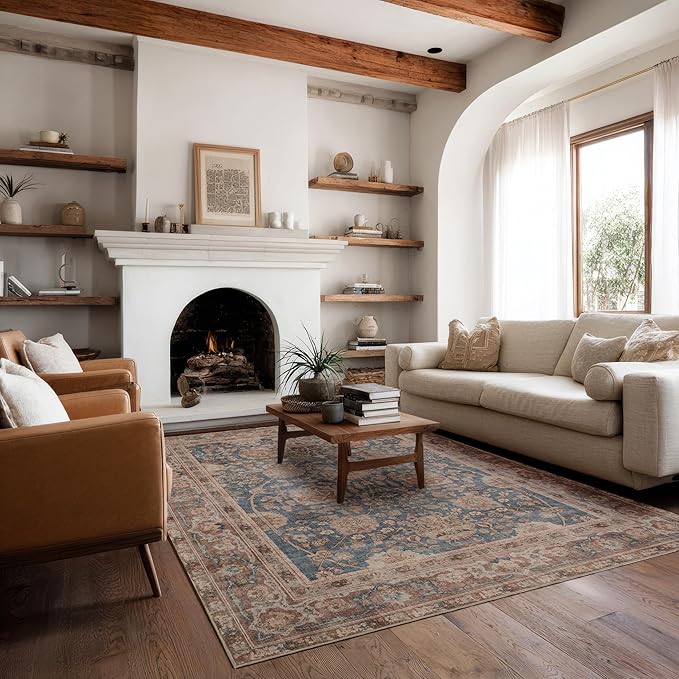 Kuden 5x7 Area Rug, Machine Washable Area Rug with Non-Slip Backing, Vintage Style, Soft, Easy Clean, Low Pile Rug for Living Room, Bedroom, Dining Room