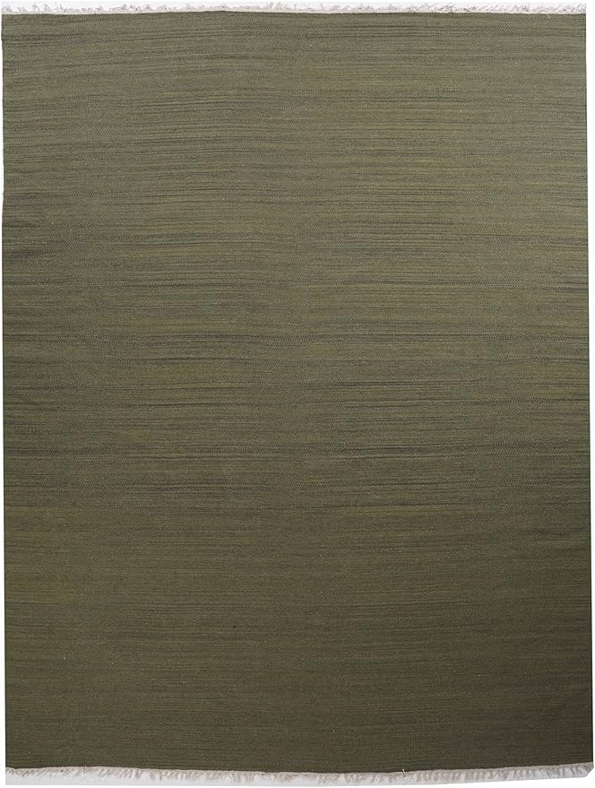Rugsotic Carpets Hand Woven Flat Weave Kilim Wool ECO-Friendly Area Rugs - 8'x10', Rectangle Shape, Olive Color, Solid Plain Design, Low Pile Handmade Area Rugs for Living Room, Bed Room (D00111)
