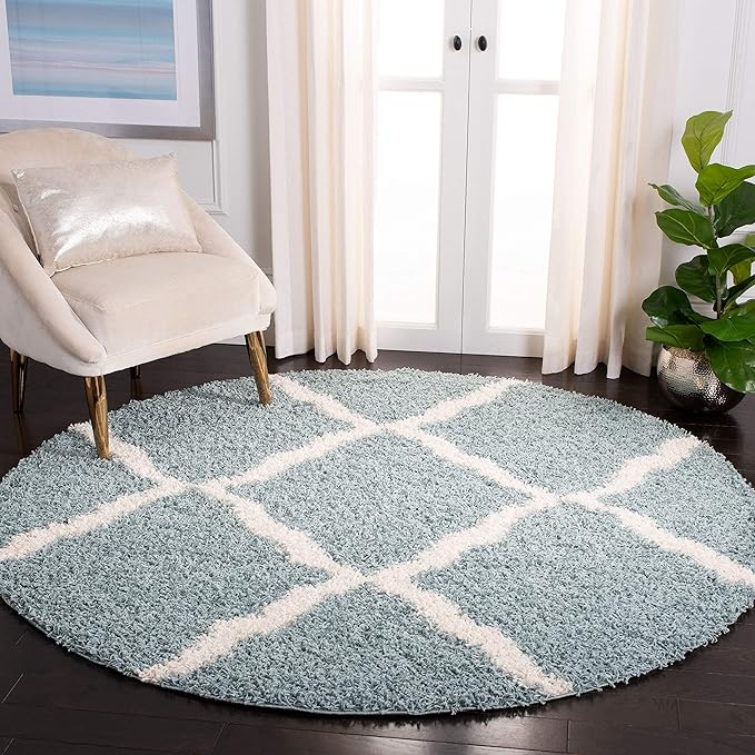 SAFAVIEH Dallas Shag Collection Area Rug - 4' Round, Seafoam & Ivory, Trellis Design, Non-Shedding & Easy Care, 1.5-inch Thick Ideal for High Traffic Areas in Living Room, Bedroom (SGD257C)