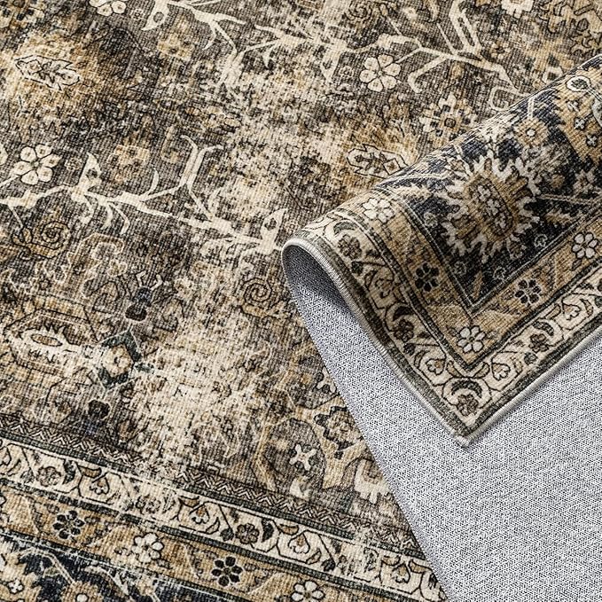 Brown Round Area Rug 8ft Washable 8x8 Circle Vintage Low Pile Indoor Large Kitchen Living Room Carpet Non Slip Traditional Distressed Retro Accent Throw Rug Office Dining Room
