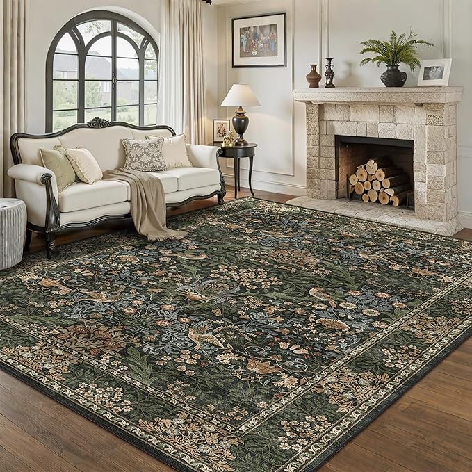 6x9 Floral Washable Area Rug for Living Room, Vintage Boho Rugs for Bedroom Dining Room, Botanical Birds Non Slip Low Pile Forest Throw Carpet for Farmhouse Office, Retro Gold/Green