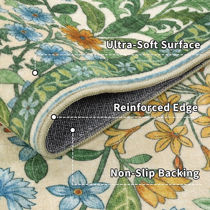 Floral Washable 6x9 Area Rug，Grass Green Boho Rugs for Living Room, Soft Low-Pile Non-Slip Stain Resistant & Non-Shedding Carpet for Bedroom, Dining Room, Office, Entryway, Nursery