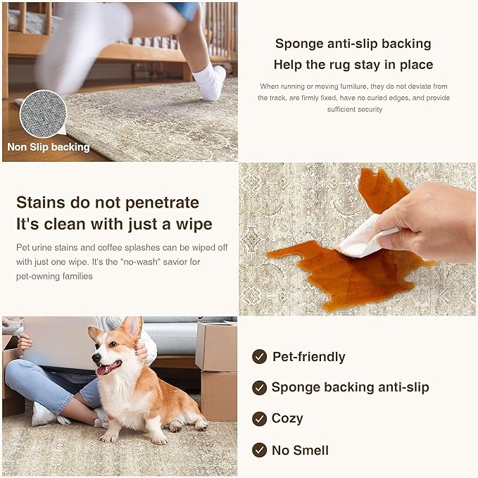 HUGEAR 2x3 Washable Area Rug Beige Vintage Neutral Small Entryway Rug Soft Non Slip Distressed Carpet Low Pile Pet Friendly for Bathroom Kitchen Hallway Porch Foyer