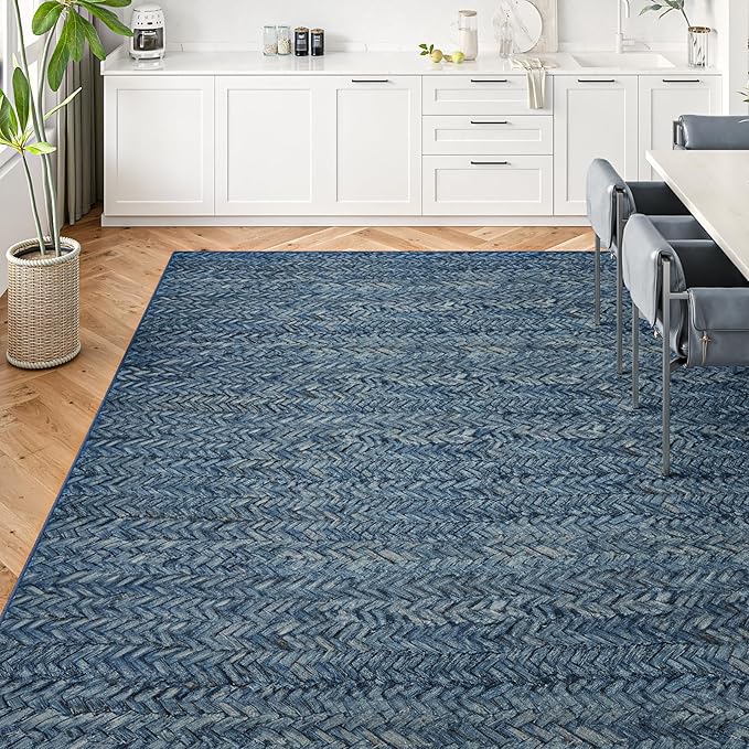 Eleisa Modern Vintage 6x9 Herringbone Chevron Area Rug for Living Room, Blue, Non-Slip Stain Resistant Washable Rug, Farmhouse Home Decor Carpet for Bedroom, Kitchen, Dining Room