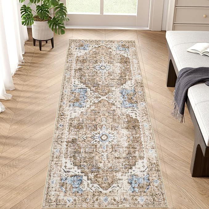 jinchan Kelda Runner Rug 2x5 Washable Rug Soft Hallway Runner Indoor Vintage Print Floor Cover Retro Distressed Lightweight Non-Slip Thin Carpet for Bathroom Kitchen Living Room Bedroom Brick Red