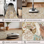 Large Entryway Rugs Indoor - Beige 3x4 Washable Rugs for Kitchen Bedroom Beside Bed Door Mat Indoor Entrance with Vintage Woodland Flowers, Non Slip Stain Resistant Low Pile