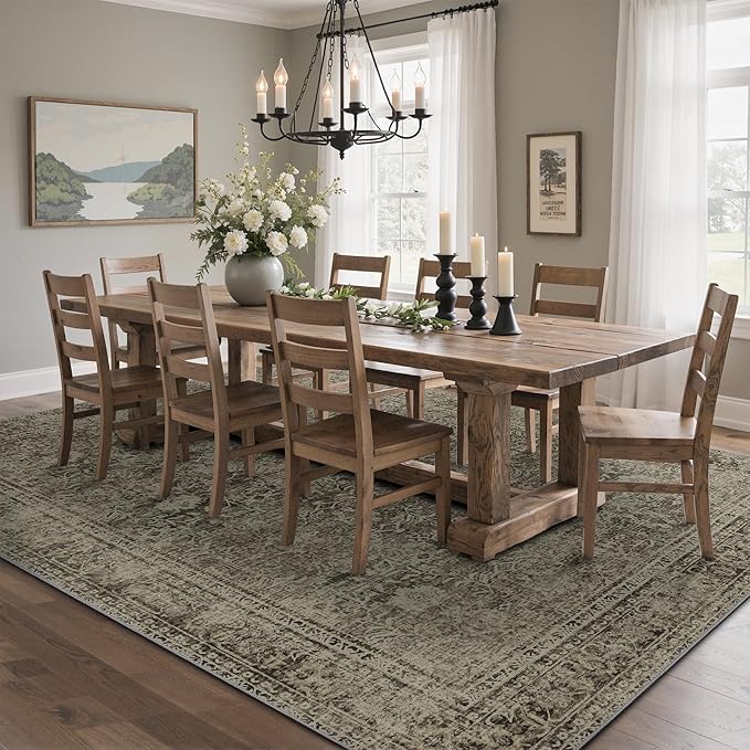 9x12 Area Rug Machine Washable Boho Rug for Living Room,Ultra-Thin Low Pile Carpet,Lightweight Indoor Printed Rug,Non Slip Floral Area Rug for Bedroom, Dining Room, Home Office,Vintage Sage Green