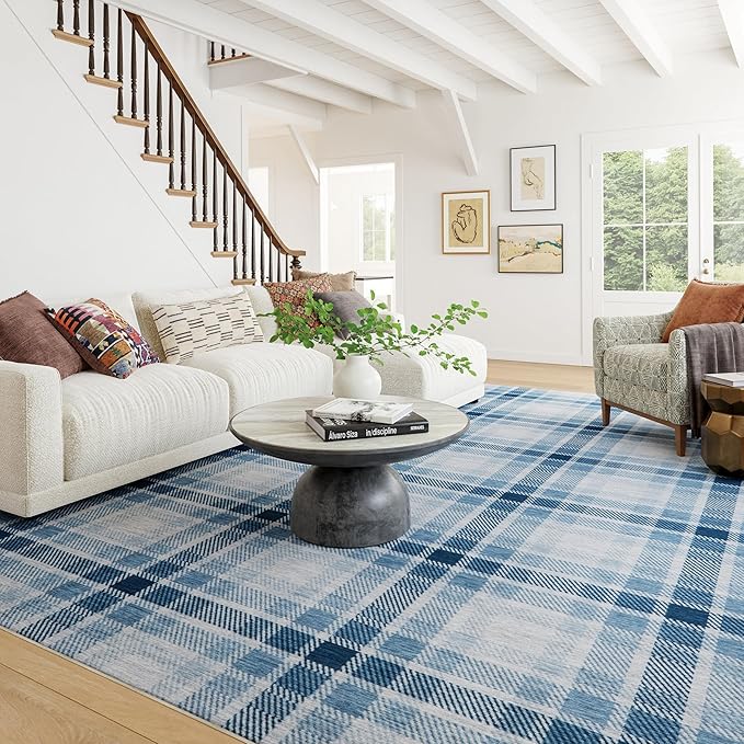 Dash & Albert Andri Plaid Blue Machine Washable Rug, 5 X 8 Feet, Blue/White Plaid Pattern