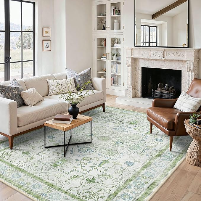 5x7 Area Rugs for Living Room, Machine Washable Rug, Non Slip Vintage Rugs, Low Pile Lightweight Print Rug for Bedroom, Dining Room, Home Office, Cream Green
