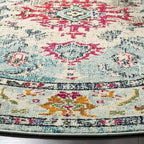 SAFAVIEH Monaco Collection Area Rug - 6'7" Round, Light Blue & Fuchsia, Boho Chic Medallion Distressed Design, Non-Shedding & Easy Care, Ideal for High Traffic Areas in Living Room, Bedroom (MNC243J)