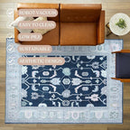 Fame Living Navy Blue Oushak Runner Rug, Modern Runners, Vintage, Turkish, Eclectic, Floral, Pastel, Washable, Long Runner Rugs for Hallway, Kitchen, Living Room, Bedroom, Kitchen, Bathroom, 2'5"x13'