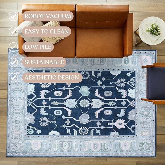 Fame Living Navy Blue Oushak Rug, Modern Small Rugs, Vintage, Turkish, Eclectic, Floral, Pastel, Washable, Door Mat, Doormat for Indoor Entrance, Entryway, Kitchen, Bathroom, Bedroom, Laundry, 2'x3'
