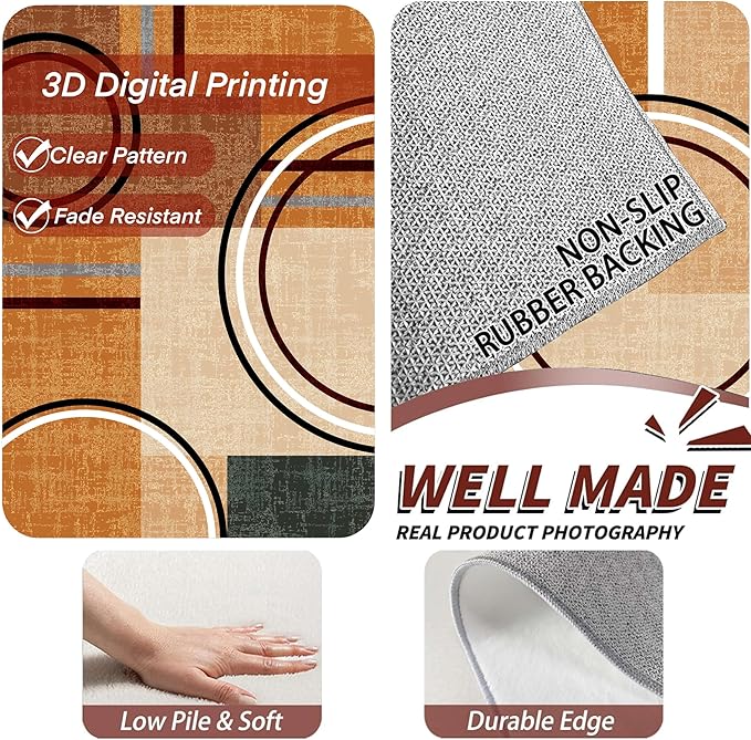 Modern Wavy Circles Area Rug 6x8ft, Geometric Design Low Pile Carpet, Soft & Non-Slip Washable Mat for Living Room, Bedroom, Dining Room