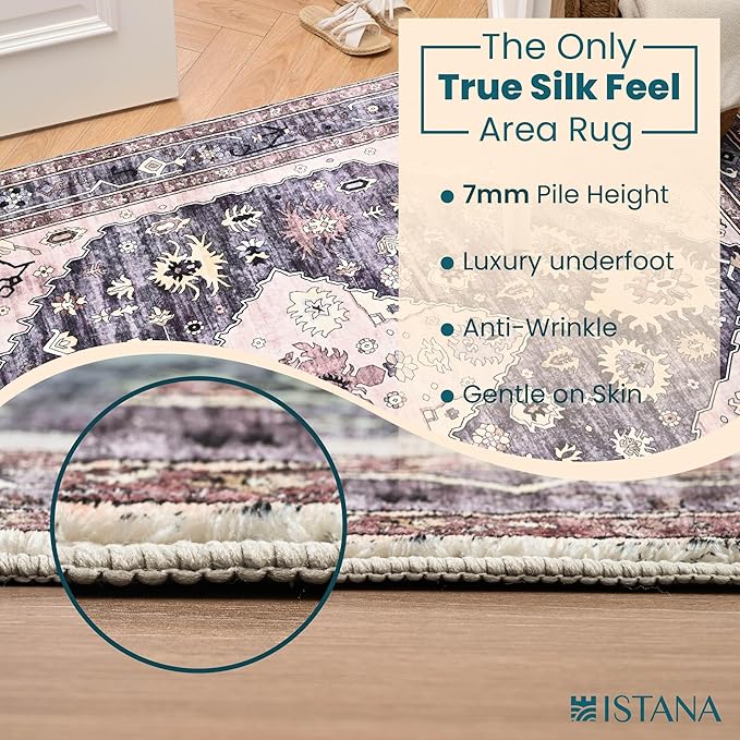 Istana Washable Rugs 3x5 - Dark Grey Blue/Rose Mauve Bedroom Rug - Kid & Pet Friendly 3x5 Area Rug - Rug Non Slip - Foldable Bedroom Rugs - Eco Friendly Area Rug