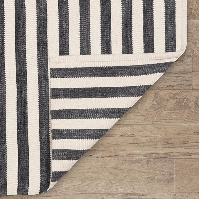 Home Conservatory Ladder Stripe Black/Ivory Handwoven Wool 6 X 9 Feet, Black/Ivory Stripe Pattern