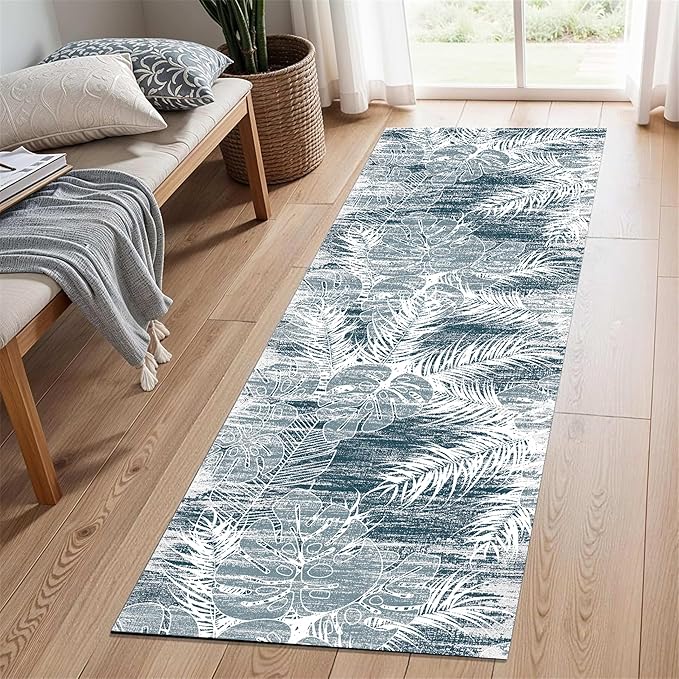 Blue White Tropical Runner Rug 1.3x7ft - Indoor Outdoor Non-Shedding Washable Carpet, Soft Durable Floor Mat for Patio, Hallway, Kitchen, Living Room