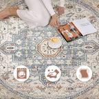 Round Rug Living Room Rugs: 6Ft Washable Boho Neutral Large Circle Soft Indoor Distressed Stain Resistant Floor Farmhouse Carpet for Bedroom Nursery Kids Playroom Office Dining Room Dorm- Beige Blue