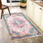 Small Area Rug 2x3 Pink Boho Bathroom Rug for Entryway Kitchen Blush Thin Foldable Vintage Throw Rug Low Pile Non Slip Washable Indoor Carpet