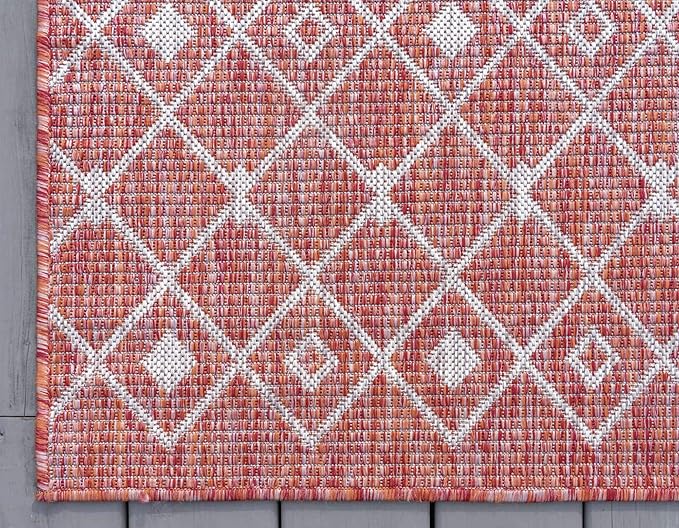 Unique Loom Outdoor Trellis Collection Area Rug - Tribal Trellis (2' x 6' 1" Runner, Rust Red/ Ivory)