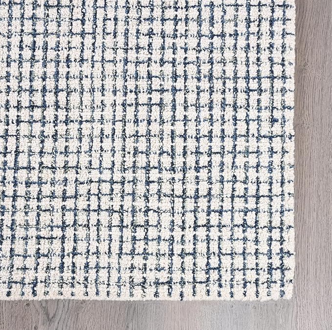 Hand-Tufted 100% Wool Pile Area Rug – Geometric Textured Grid Check Pattern – Thick and Durable Floor Carpet for Bedroom, Living Room, Kids Room, and Dining Area (Ivory Denim, 7' x 9')