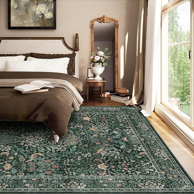 5x7 Floral Washable Area Rug for Living Room, Vintage Boho Rugs for Bedroom Dining Room, Botanical Birds Non Slip Low Pile Forest Throw Carpet for Farmhouse Office, Retro Green/Blue