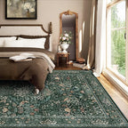 5x7 Floral Washable Area Rug for Living Room, Vintage Boho Rugs for Bedroom Dining Room, Botanical Birds Non Slip Low Pile Forest Throw Carpet for Farmhouse Office, Retro Green/Blue