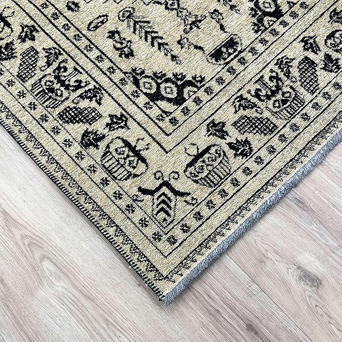 Alfa Rich 4x6 Beige Black Washable Area Rugs for Living Room Bedroom Kitchen Dining Cotton Rug