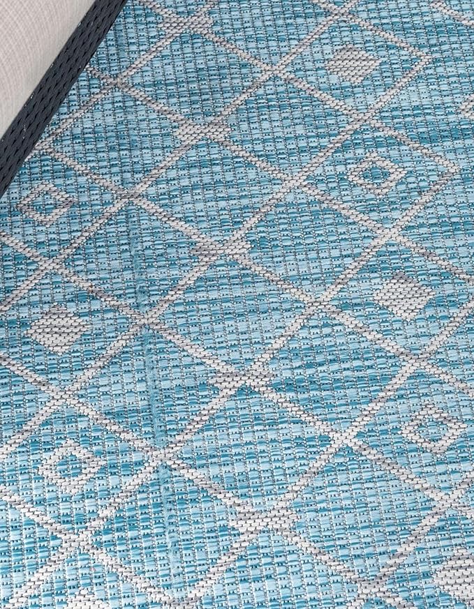 Unique Loom Outdoor Trellis Collection Area Rug - Tribal Trellis (10' 8" Square, Aqua/ Ivory)
