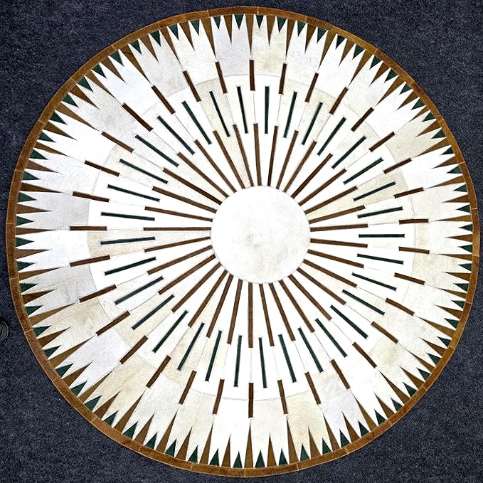 Round Leather Rug for Living Room | Handcrafted Geometric Pattern Cowhide Carpet | Decorative Floor Mat | Leather Rug for Bedroom Office Hall | Durable & Easy to Clean(White_3x3)