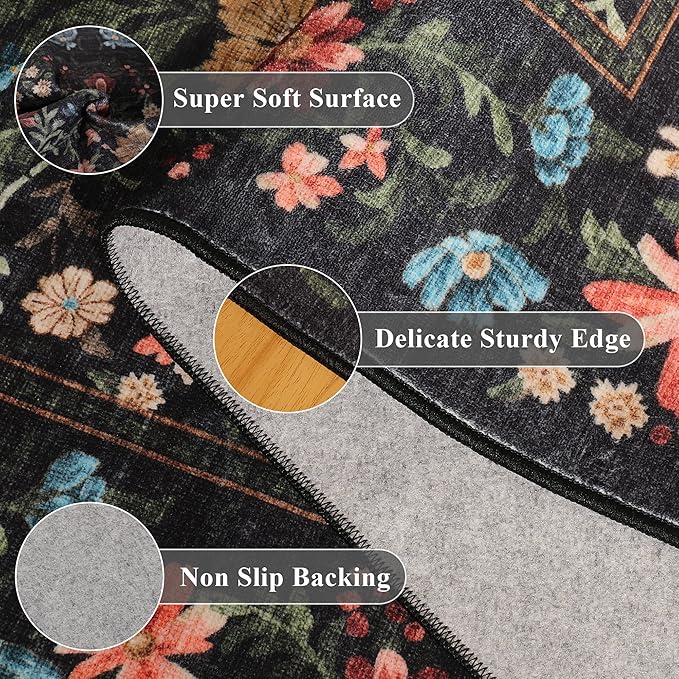 DUKINO 4x6 Rugs for Living Room, Lightweight Non Slip Washable Rug with Low Pile Design, Vintage Floral Non-Shedding Soft Carpet for Living Room, Bedroom, Farmhouse, Office, Bathroom, Black