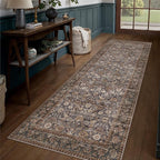 HUGEAR 3x10 Runner Rug Machine Washable Tradition Brown Hallway Area Rug Indoor Accent Rug Floral Low Pile Carpet Soft Throw Rug Bedroom Living Room Office Dining Room Kitchen Laundry Room Non Slip