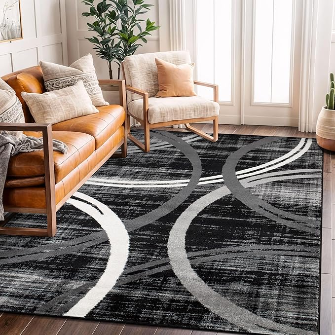 Rugshop Modern Wavy Circles Design Area Rug, Carpet with Jute Backing for Living Room, Bedroom, or Home Office, Black, 5'3" x 7'3"