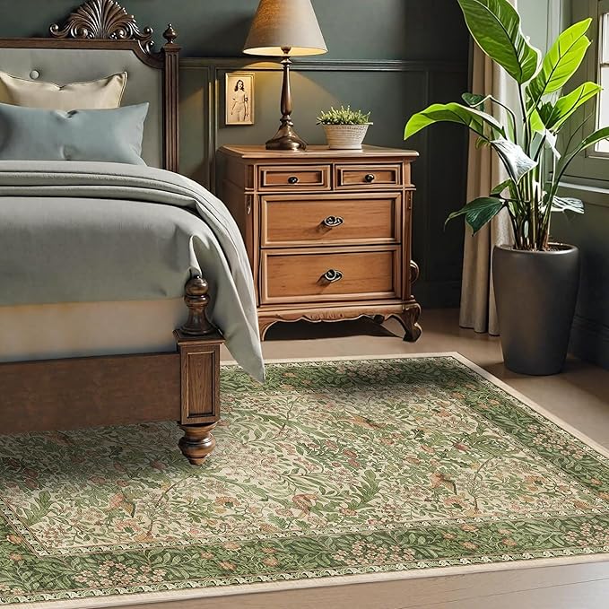 3x5 Floral Washable Area Rug for Living Room, Vintage Boho Rugs for Bedroom Dining Room, Botanical Birds Non Slip Low Pile Forest Throw Carpet for Farmhouse Office, Retro Pink/Green