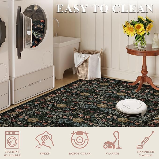 DUKINO 2x6 Runner Rug for Hallway, Washable Vintage Floral Kitchen Rug with Non Slip Backing, Soft Low Pile Throw Carpet Runner for Kitchen, Laundry, Hallway, Bathroom, Black