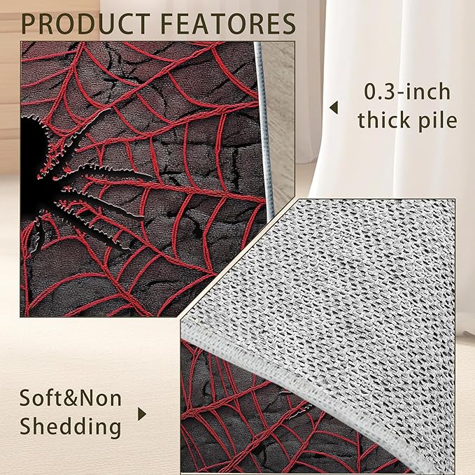Red Spider Cool Washable Living Room Area Rug, Low Profile Abstract Pattern, Non-Slip Backing Carpet for Kitchen, Bedroom, Dining Room