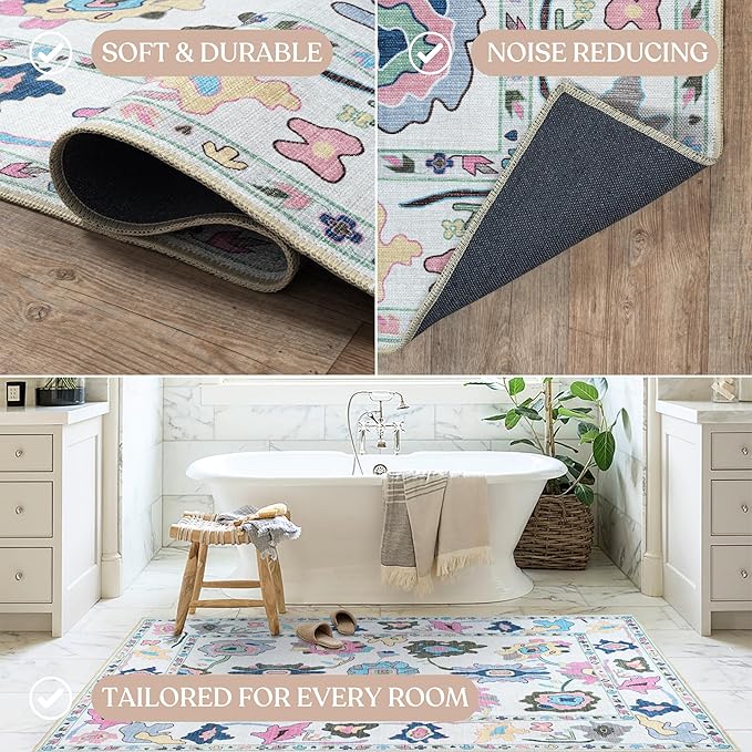 Fame Living Colorful Oushak Rug, Modern Small Rugs, Vintage, Turkish, Eclectic, Floral, Pastel, Washable, Door Mat, Doormat for Indoor Entrance, Entryway, Kitchen, Bathroom, Bedroom, Laundry, 2'x3'