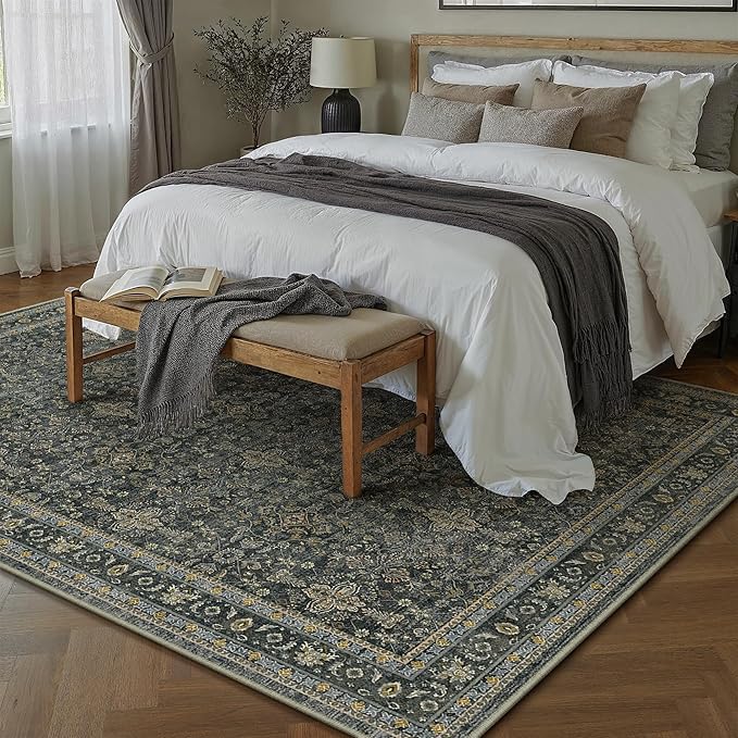 Area Rug 5x7 Black Washable Vintage Living Room Carpetb Traditional Distressed Bedroom Indoor Soft Non Slip Large Rug Retro Thin Low Pile Floor Cover for Office Dining Room