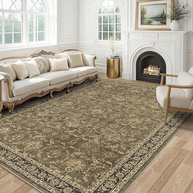 Washable Area Rug 5x7 Brown Rugs for Living Room, Vintage Boho Large Rug for Bedroom Dining Room Office, Distressed Floral Print Carpet for Under Table, Soft Non Slip Low Pile Throw Carpet Indoor Mat