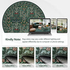6' Round Area Rug - Floral Vintage Forest Washable Low Pile Non-Slip Carpet for Living Room, Bedroom, Dining Room, Office (Dark Green)