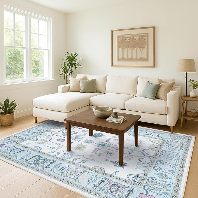 Fame Living Cream Green Oushak Rug, Modern Small Rugs, Vintage, Turkish, Eclectic, Floral, Pastel, Washable, Door Mat, Doormat for Indoor Entrance, Entryway, Kitchen, Bathroom, Bedroom, Laundry, 2'x3'