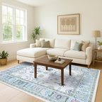 Fame Living Cream Green Oushak Rug, Modern Small Rugs, Vintage, Turkish, Eclectic, Floral, Pastel, Washable, Door Mat, Doormat for Indoor Entrance, Entryway, Kitchen, Bathroom, Bedroom, Laundry, 2'x3'